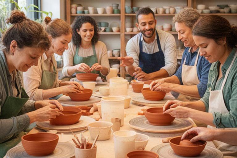Partecipanti a un laboratorio di ceramica mentre lavorano ciotole di argilla attorno a un tavolo