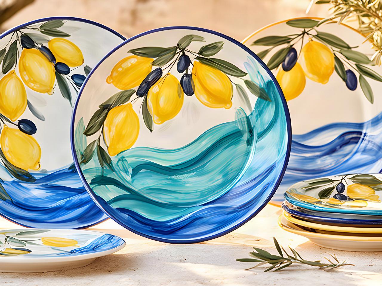 Piatti da portata in maiolica decorati a mano con limoni, rami di ulivo e onde blu