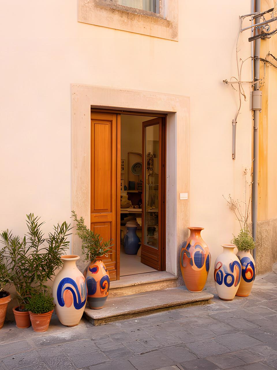 Ingresso del laboratorio di ceramica in Via Petrelle a Sant'Antonio Abate, con vasi artigianali accanto alla porta