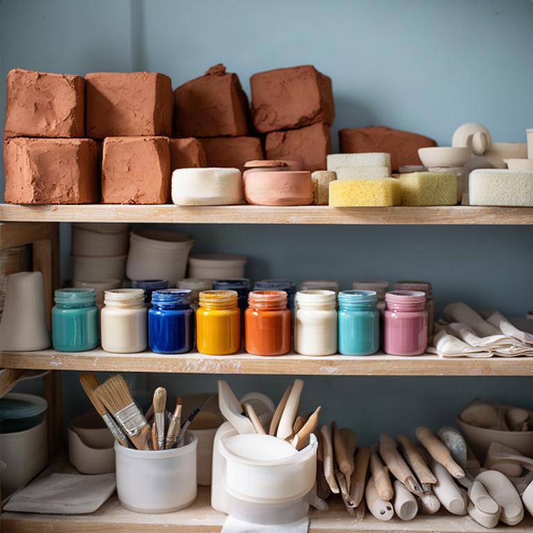 Scaffale con argille, smalti colorati e piccoli utensili per lavorare la ceramica