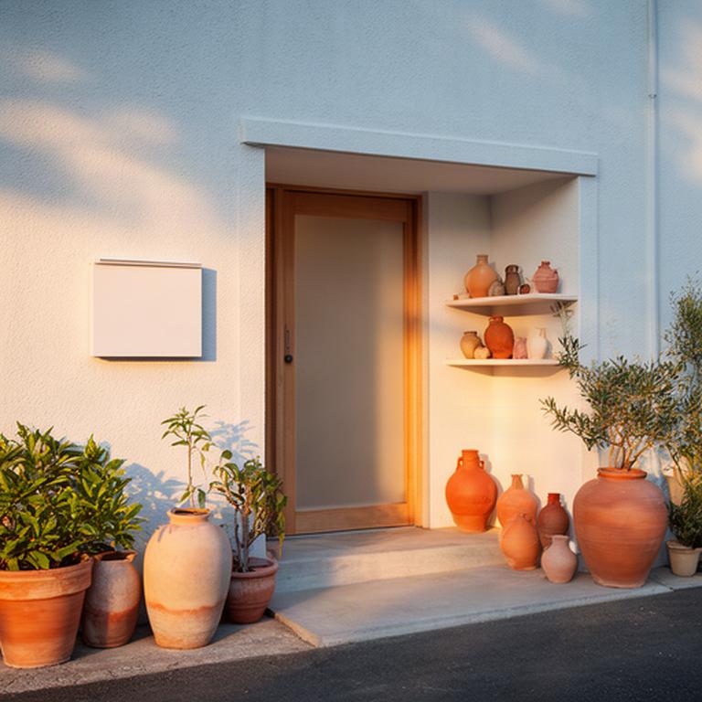 Ingresso del laboratorio di ceramica con insegna discreta, piante e vasi artigianali esposti