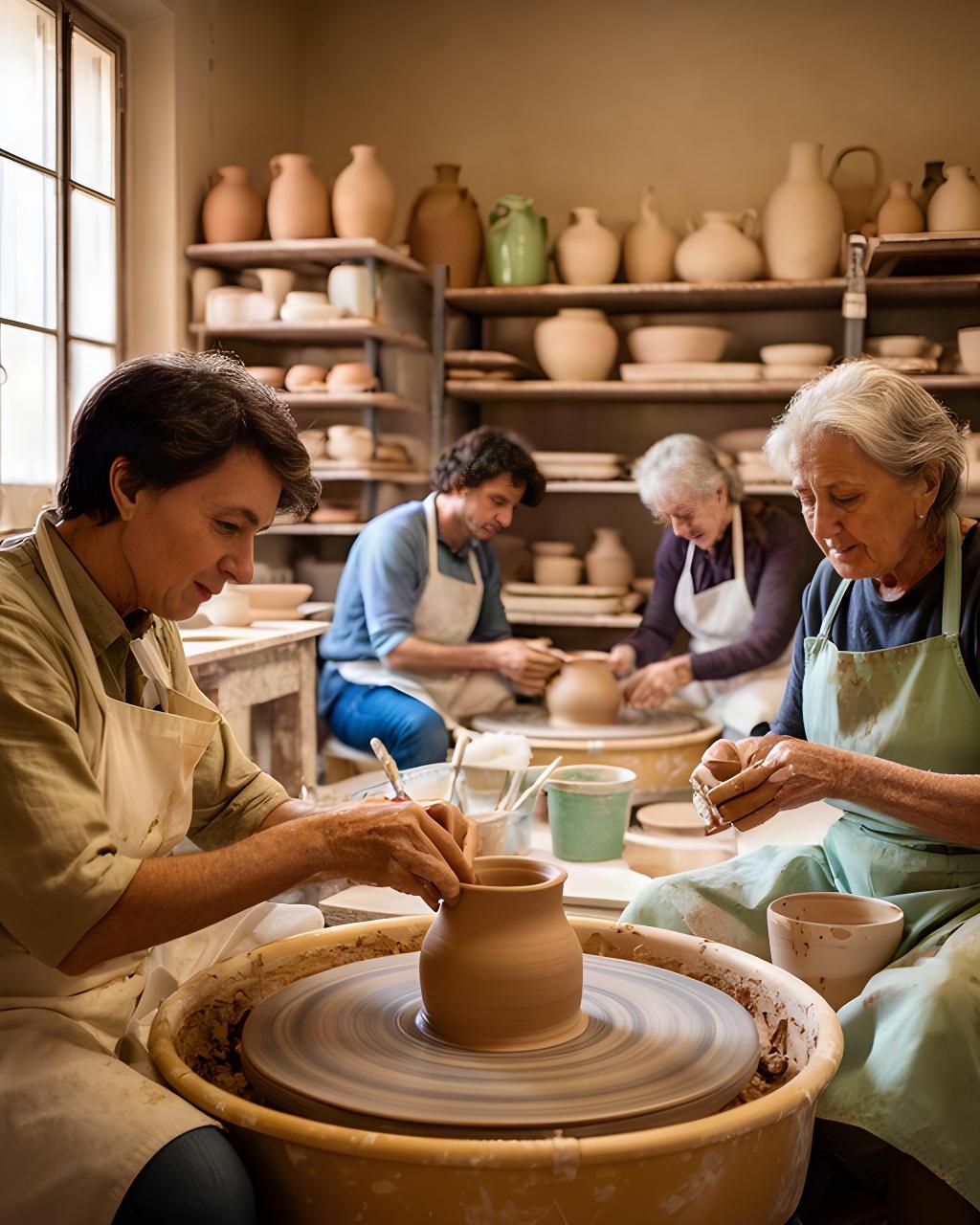 Famiglia di ceramisti al lavoro nello studio di Sant'Antonio Abate tra scaffali di vasi e argilla