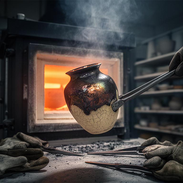 Vaso ceramico appena estratto da una cottura raku, con pinze e forno nel laboratorio