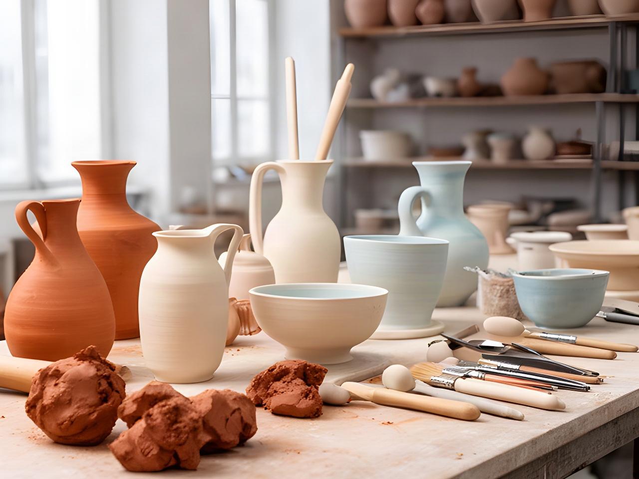 Tavolo di lavoro con vasi in ceramica, strumenti e argilla nello studio di Sant'Antonio Abate