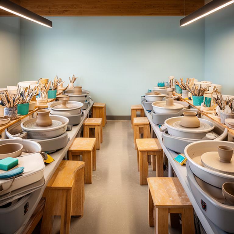 Sei postazioni di tornio elettrico allineate in un laboratorio ceramico con attrezzi ordinati