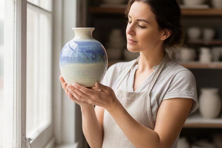 Artigiana che controlla la superficie smaltata di un vaso vicino alla luce naturale