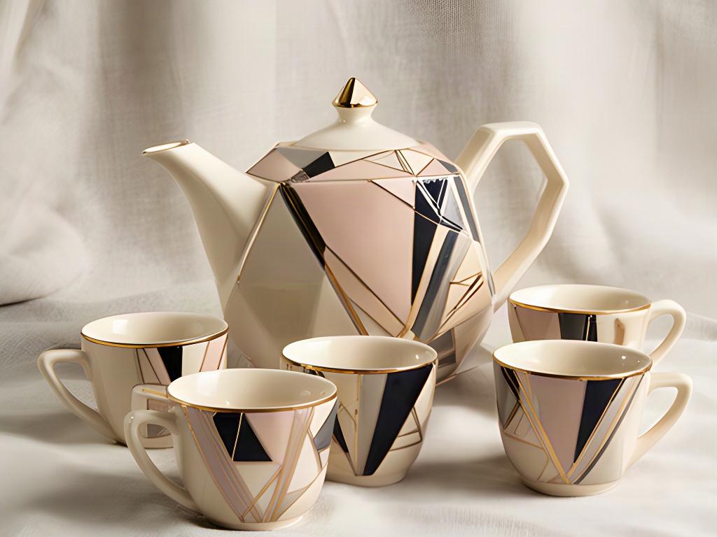 Servizio da te Art Deco in ceramica con profili geometrici dorati su tessuto chiaro