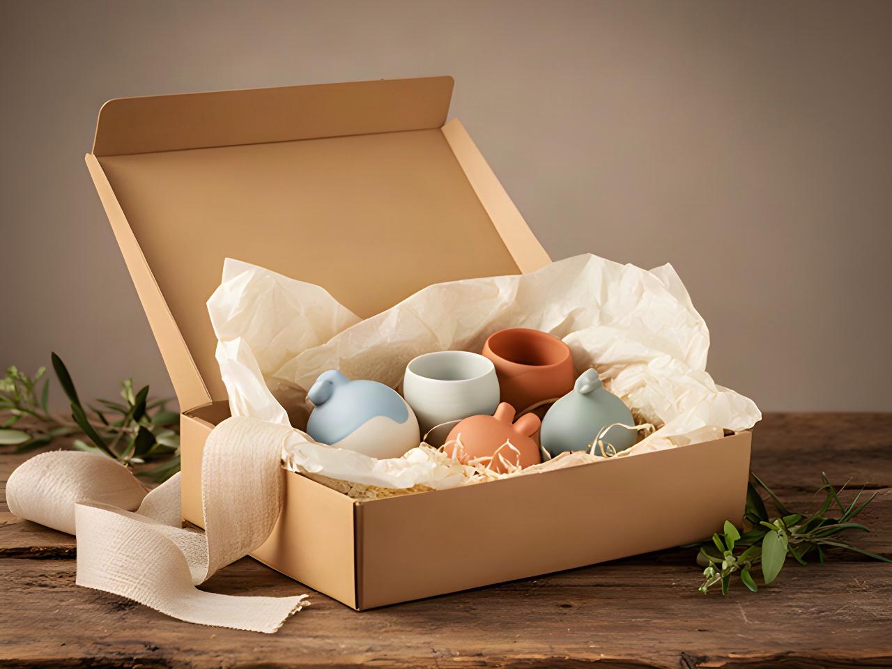 Confezione elegante con piccoli oggetti in ceramica pronta per la consegna