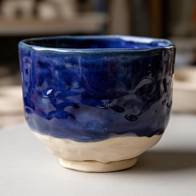 Dettaglio ravvicinato di una ciotola in ceramica con smalto blu e texture manuale
