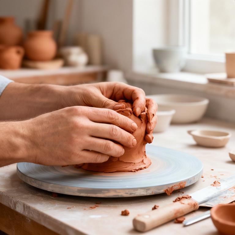 Mani con argilla su un banco di lavoro nello studio ceramico di Sant'Antonio Abate