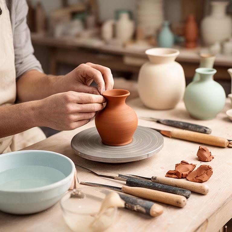 Tavolo con strumenti per il laboratorio di ceramica e mani che modellano un vaso