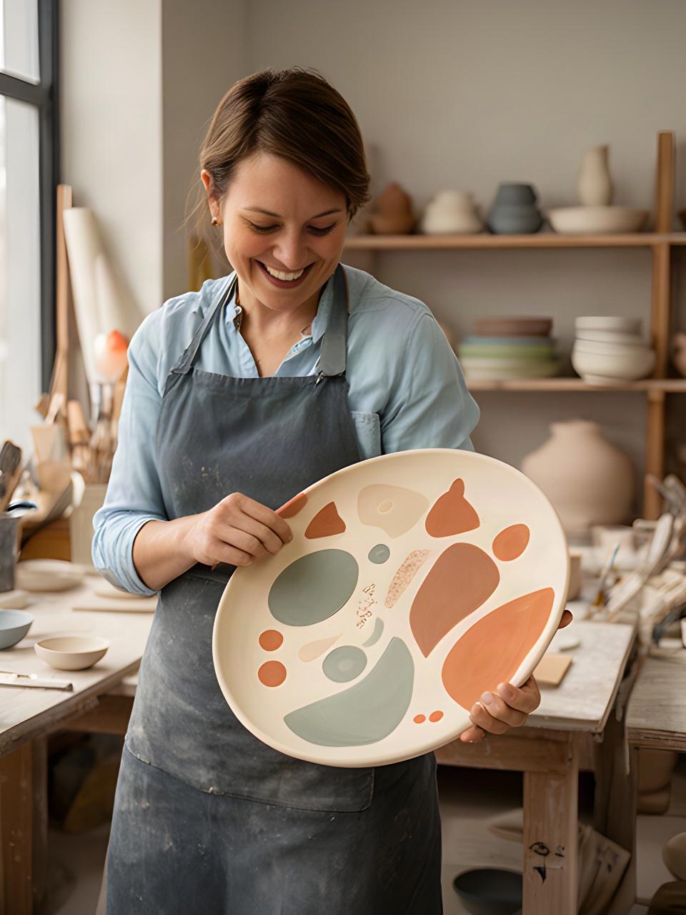 Cliente che osserva un grande piatto ceramico personalizzato nello studio artigianale