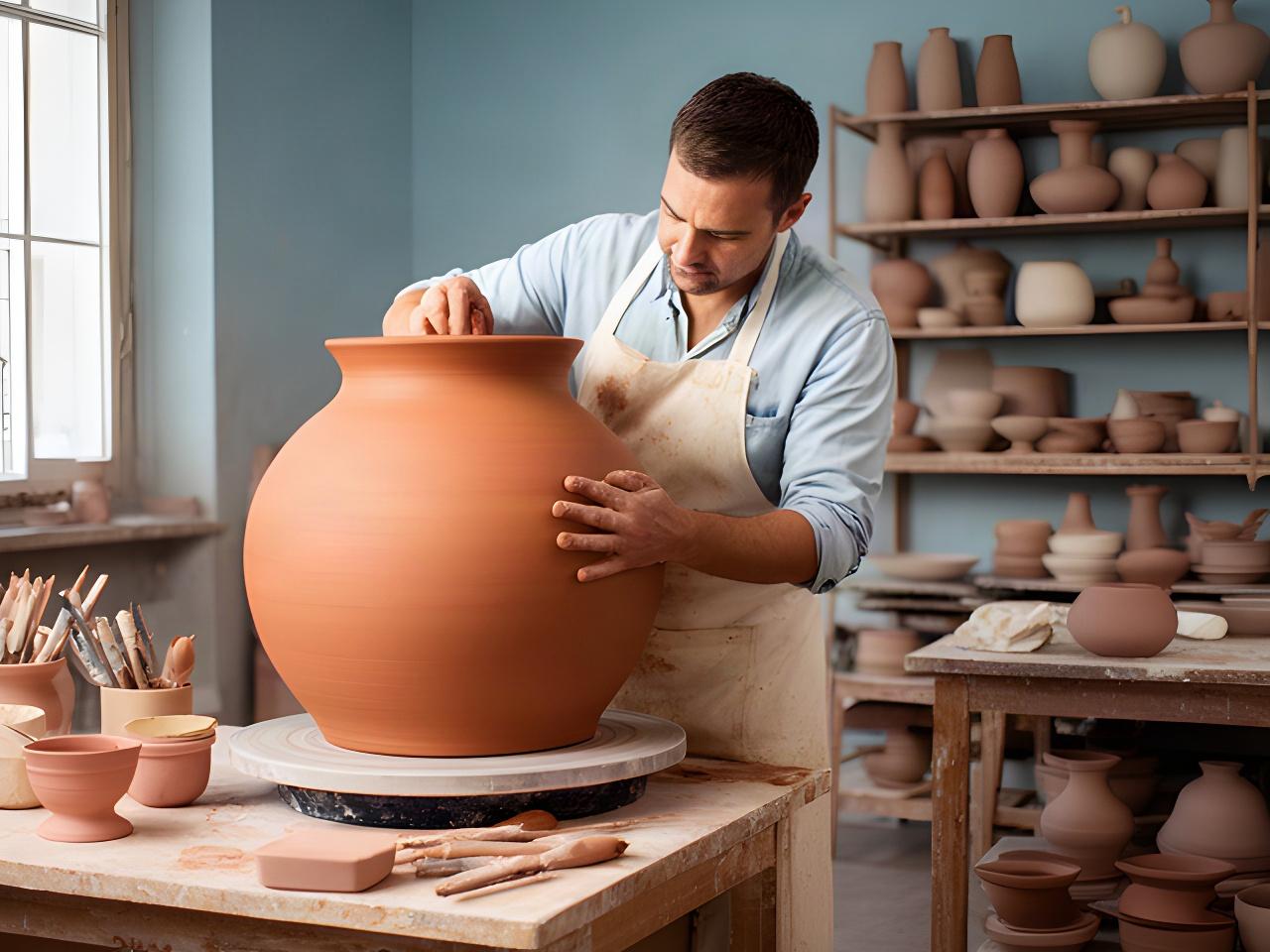 Artigiana al lavoro su un grande vaso in argilla nello studio di ceramica