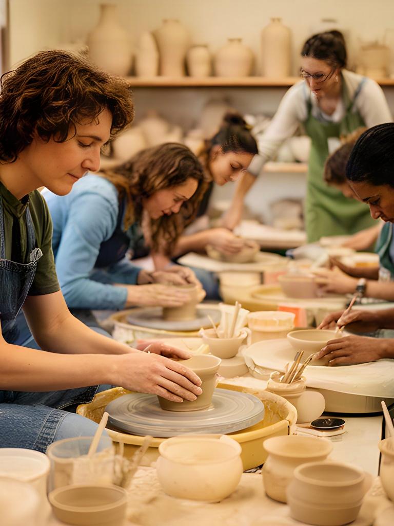 Gruppo di allievi concentrati al lavoro durante una lezione di ceramica nel laboratorio