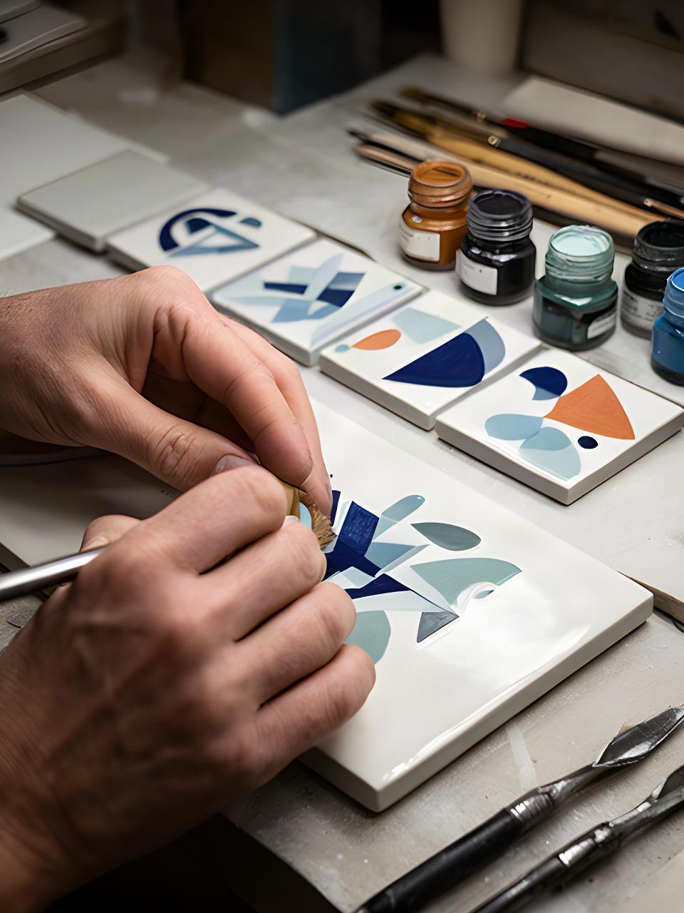 Piastrelle ceramiche personalizzate con logo aziendale durante la fase di decorazione
