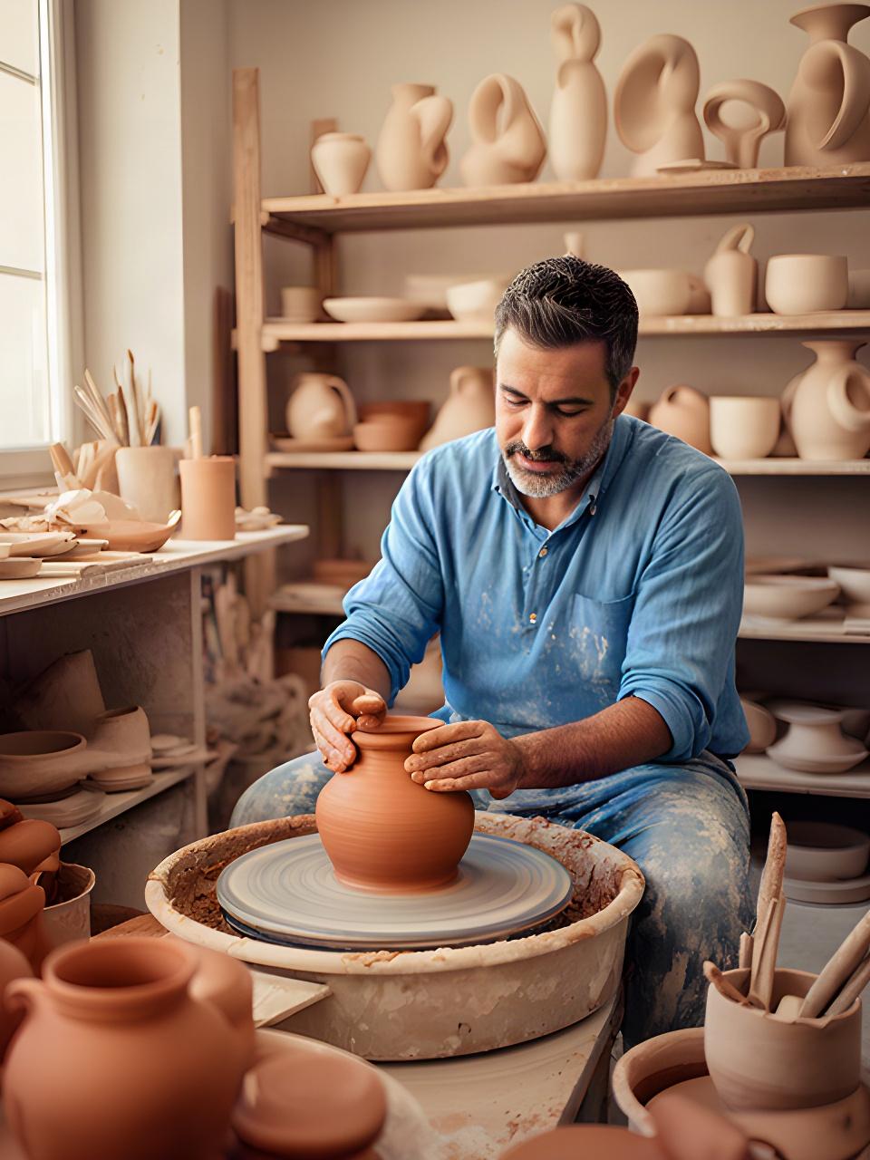 Antonio al tornio nel laboratorio di ceramica di Sant'Antonio Abate, tra argille e pezzi in essiccazione