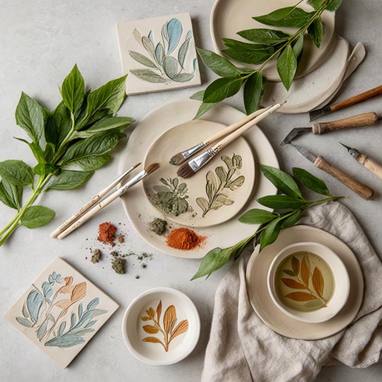 Tavolo di workshop con foglie, piatti in argilla e pennelli per decorazione botanica