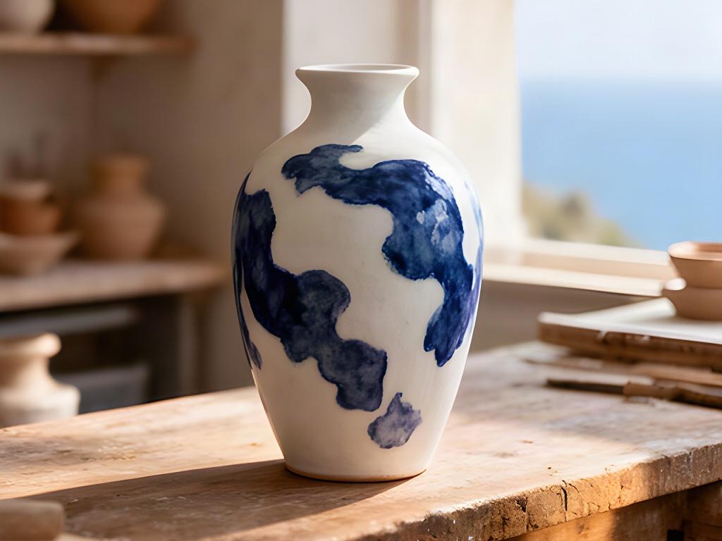 Vaso in terracotta mediterraneo bianco e blu appoggiato su un banco di legno