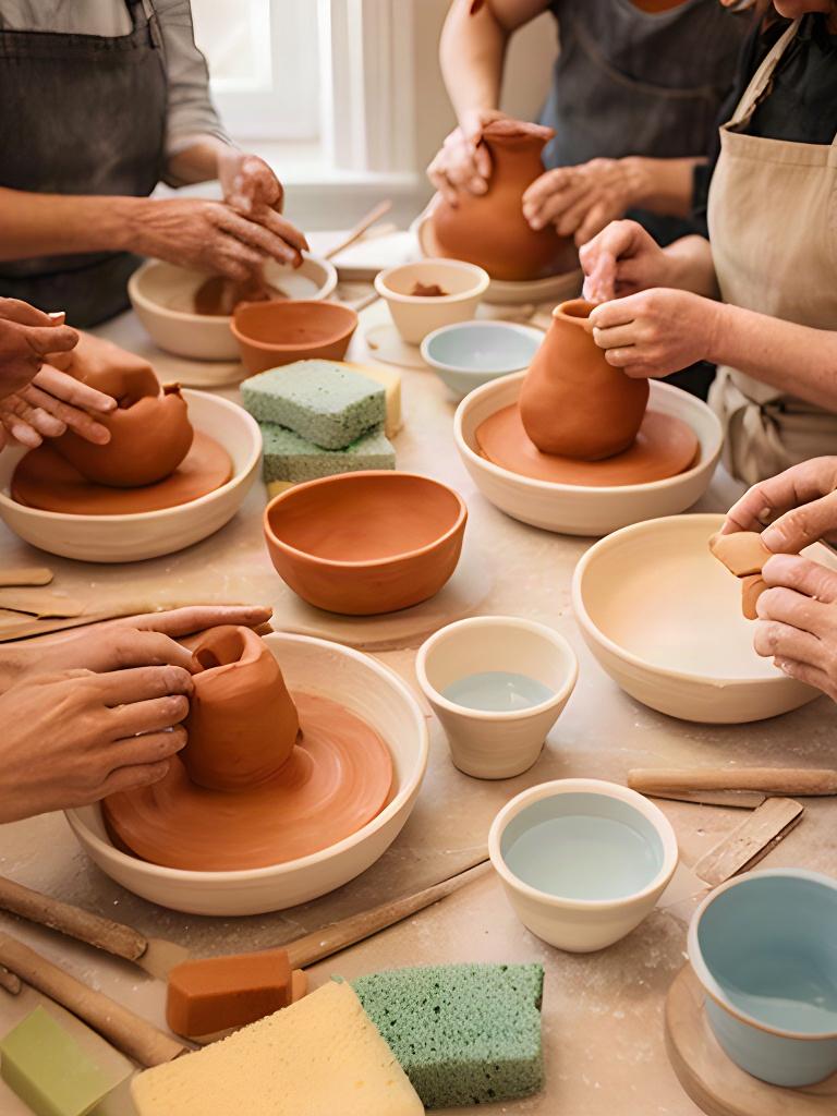 Tavolo condiviso del laboratorio con mani che modellano argilla e strumenti ceramici