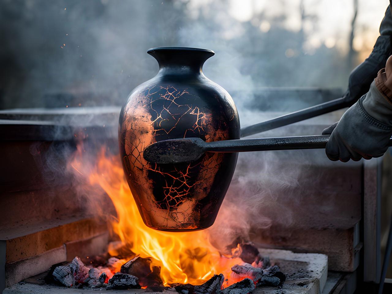 Vaso raku nero e ramato estratto dal forno all'aperto, con pinze e fumo intorno alla cottura