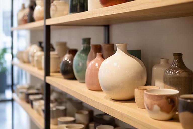 Vasi e tazze in gres smaltato disposti su una mensola dello showroom ceramico