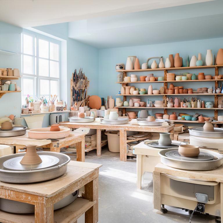 Laboratorio di ceramica luminoso con sei torni elettrici, banchi in legno e scaffali di vasi