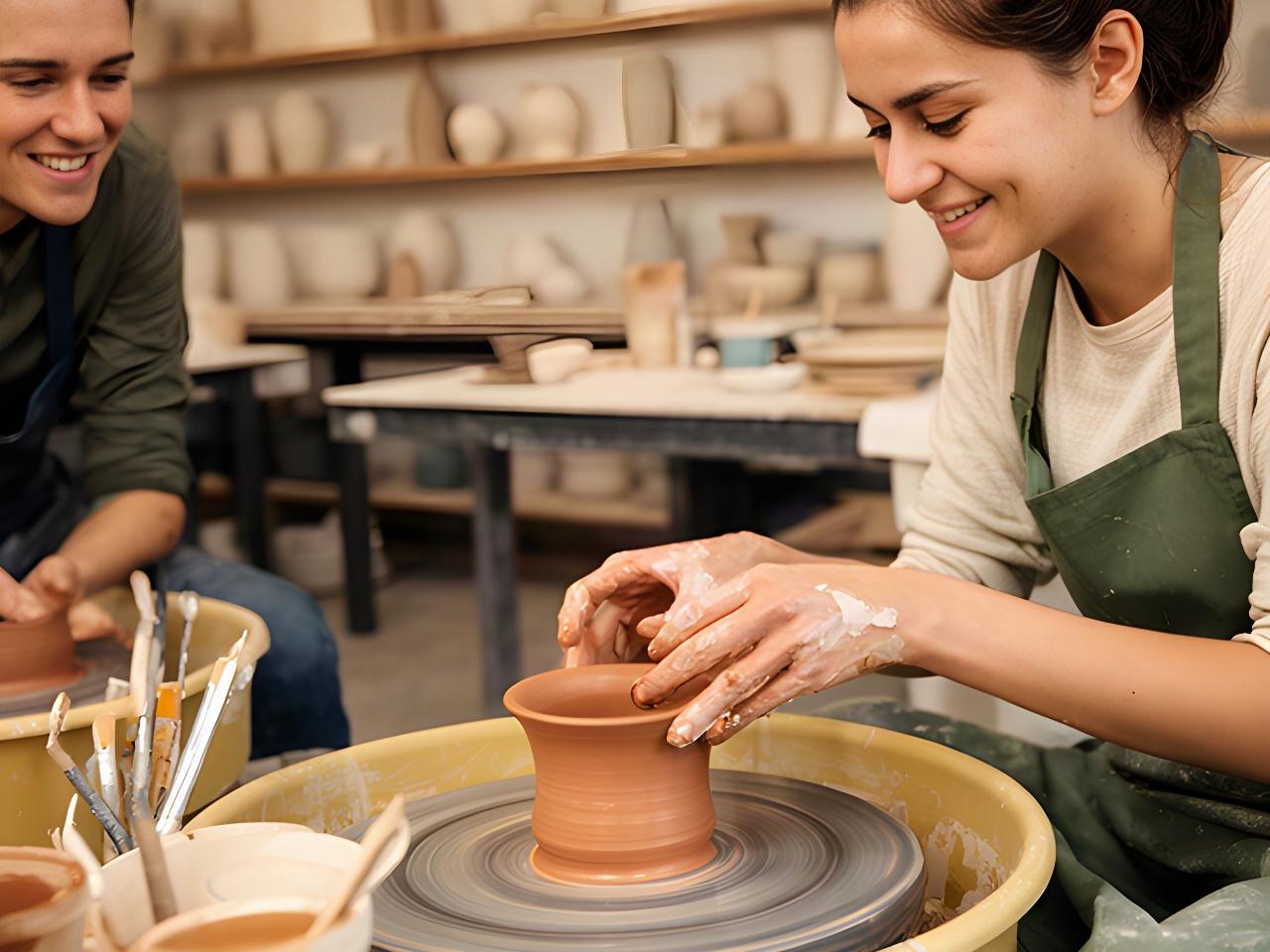 Allieva del laboratorio mentre modella una tazza al tornio durante un corso di ceramica