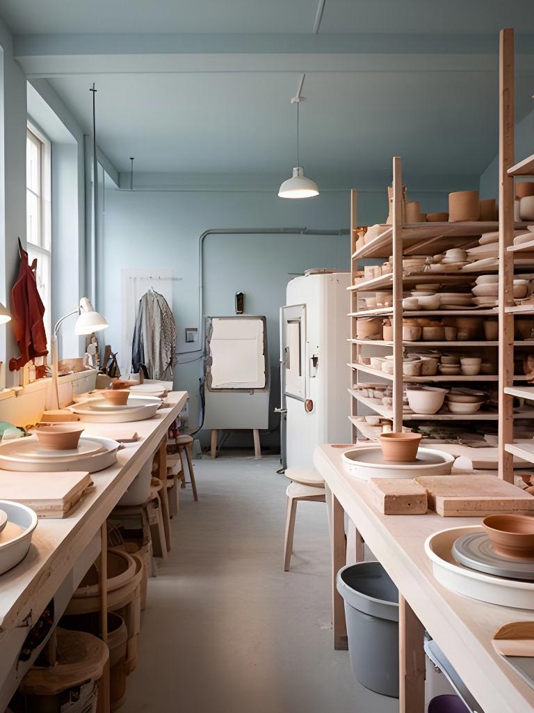Interno del laboratorio di ceramica in Via Petrelle, con scaffali di manufatti e ruote da tornio
