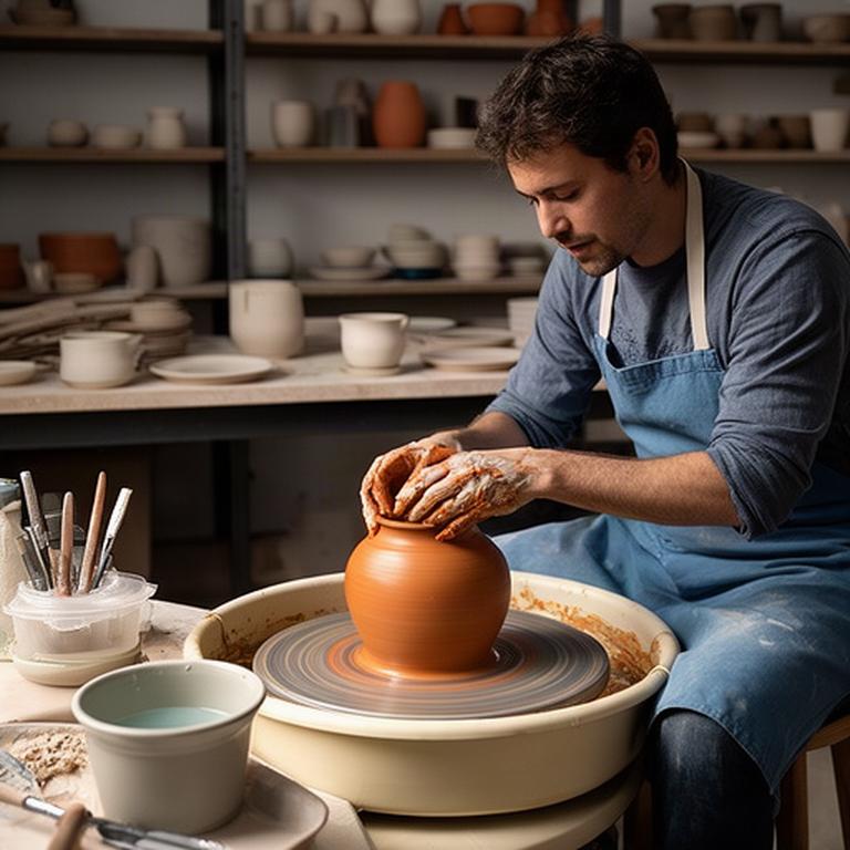 Artigiana al tornio durante una lavorazione di ceramica in un laboratorio ordinato