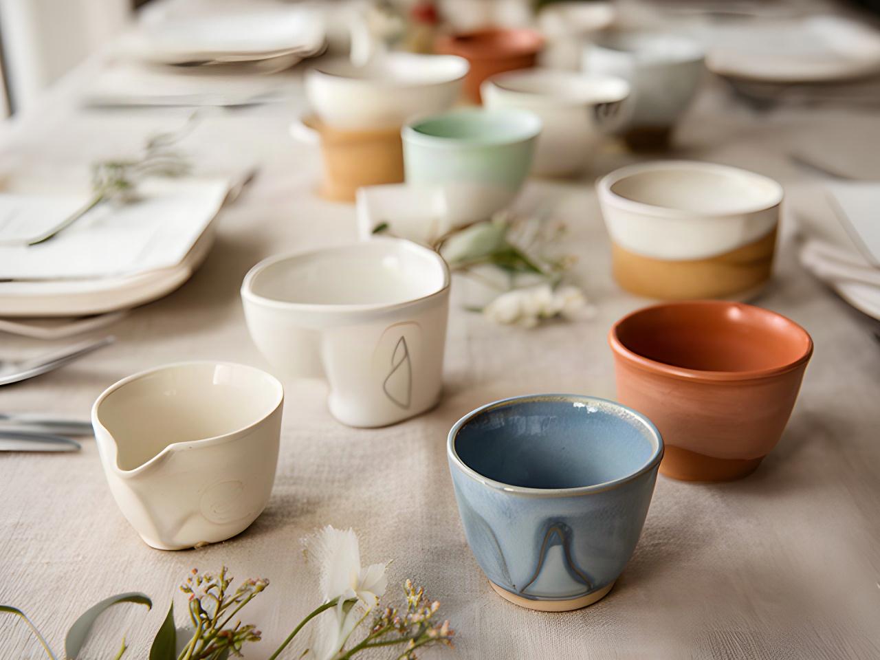 Serie di tazze in ceramica artigianale disposte su un tavolo per un evento