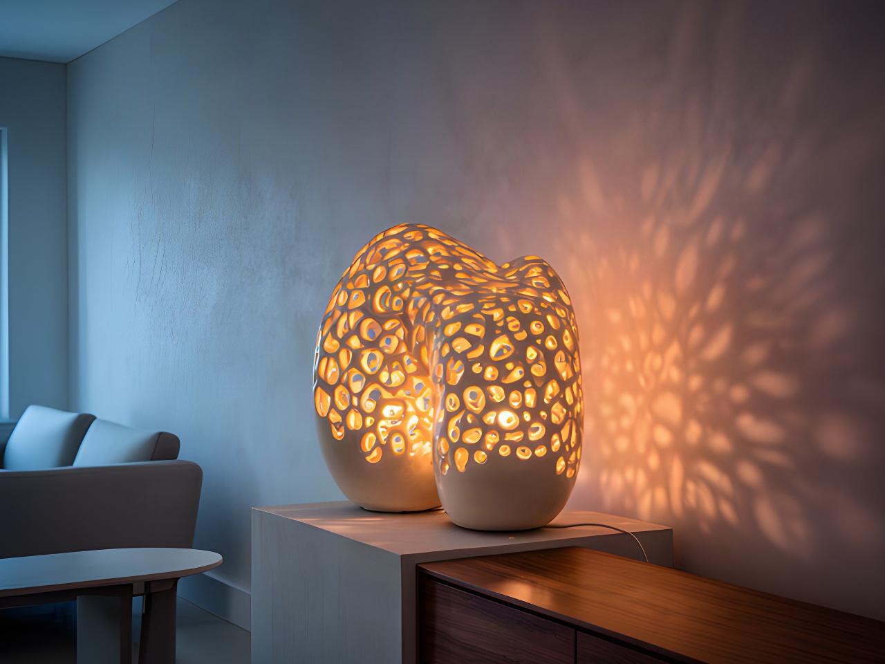 Lampada scultorea in ceramica traforata accesa in un interno contemporaneo