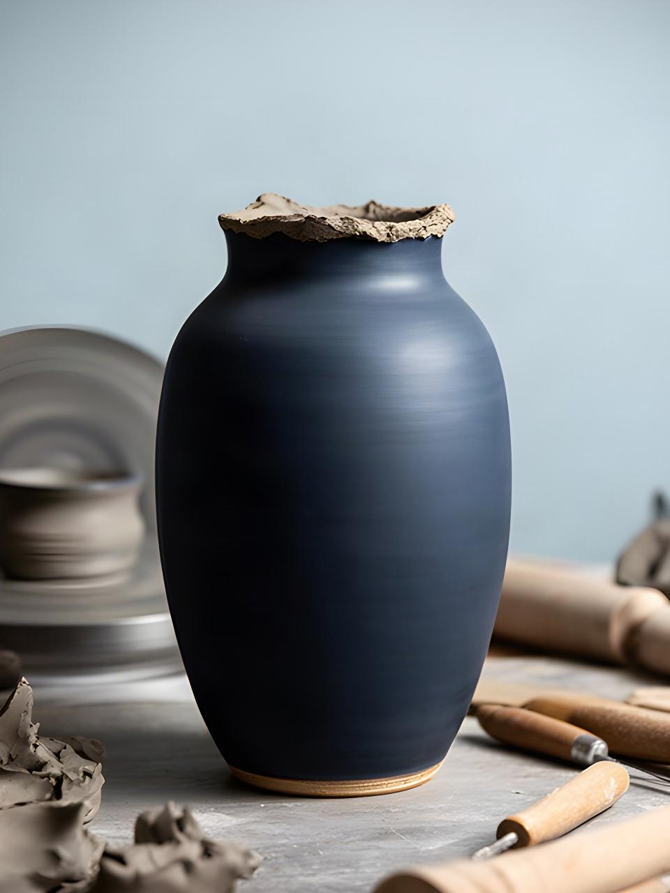 Vaso in gres tornito a mano con smalto blu opaco su un banco di lavoro