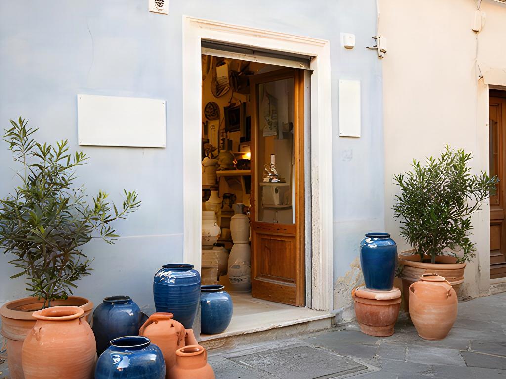 Ingresso della bottega ceramica in Via Petrelle a Sant'Antonio Abate con vasi esposti