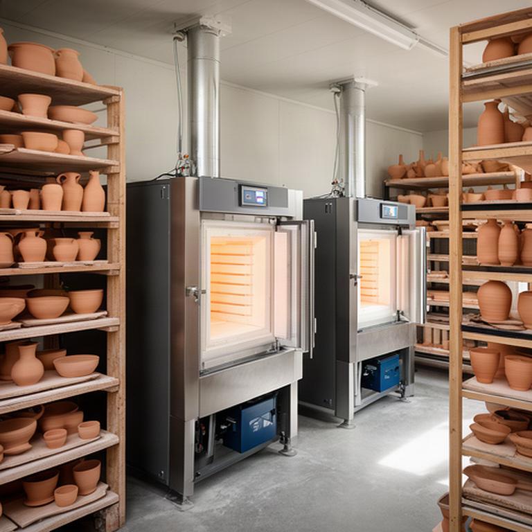 Due forni per ceramica in una stanza tecnica del laboratorio, con pezzi pronti per la cottura