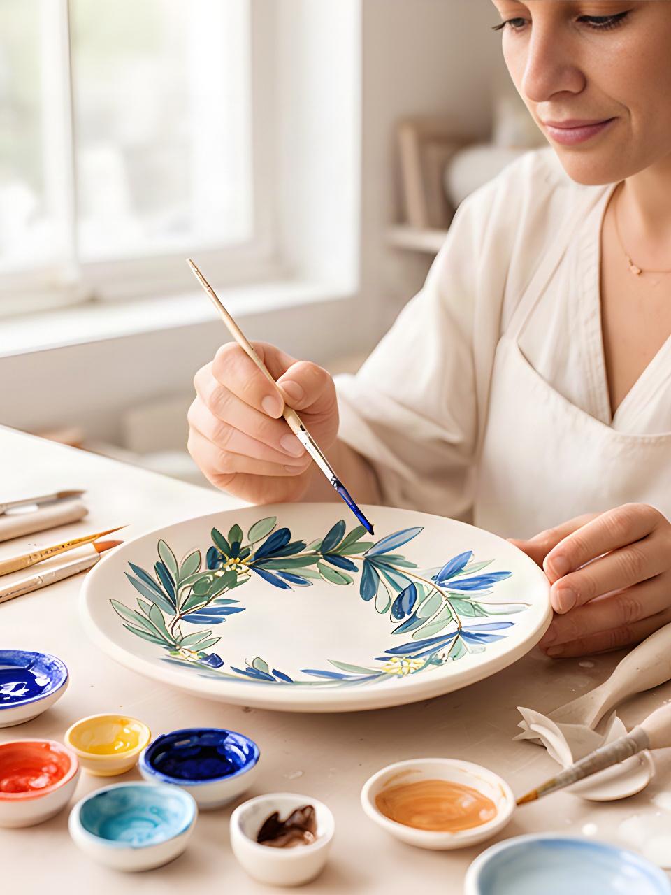Elena mentre decora a mano una maiolica con motivi di foglie mediterranee nello studio luminoso