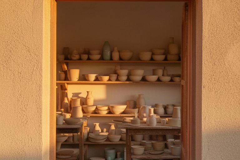 Ingresso dello studio di ceramica in Via Petrelle con ceramiche esposte su una mensola