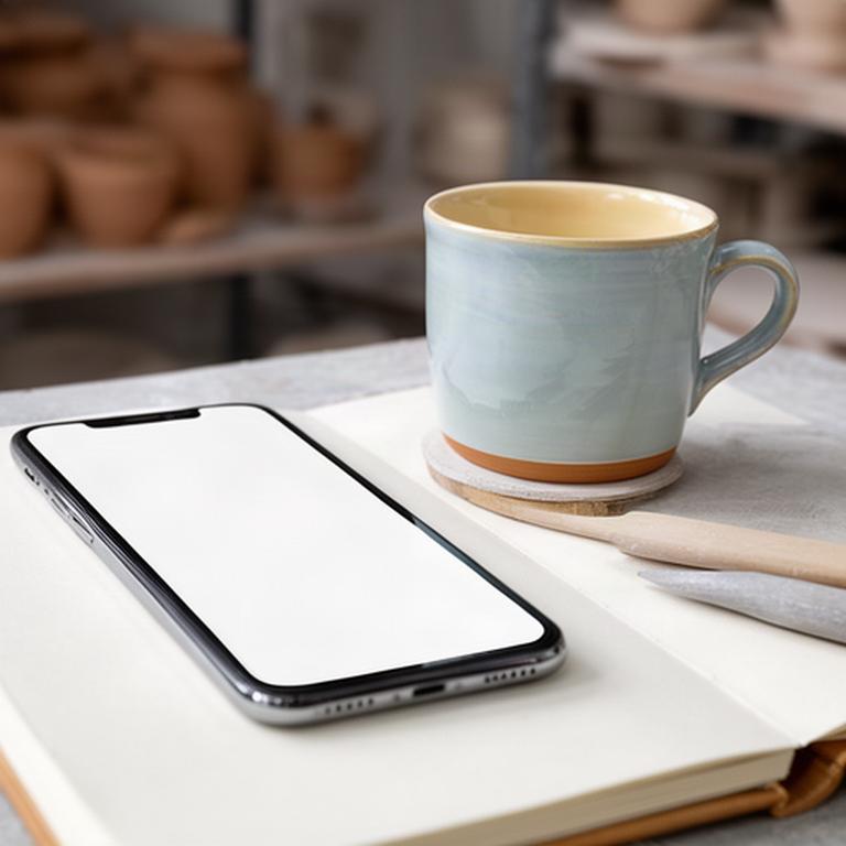Telefono e taccuino vicino a una tazza artigianale nello studio