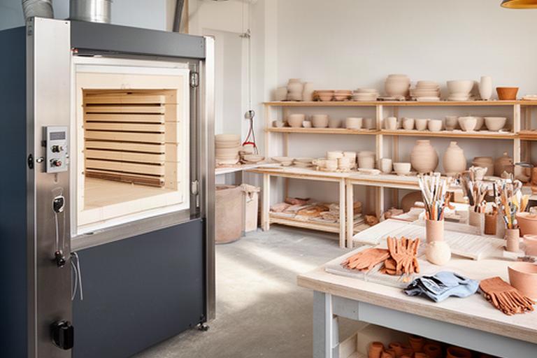 Forno ceramico e area di lavoro ordinata in un laboratorio artigianale campano