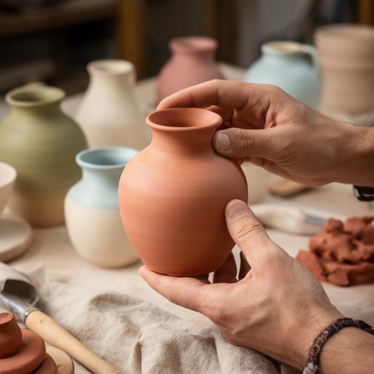 Mani che scelgono un vaso artigianale su un banco del laboratorio per una lezione di ceramica