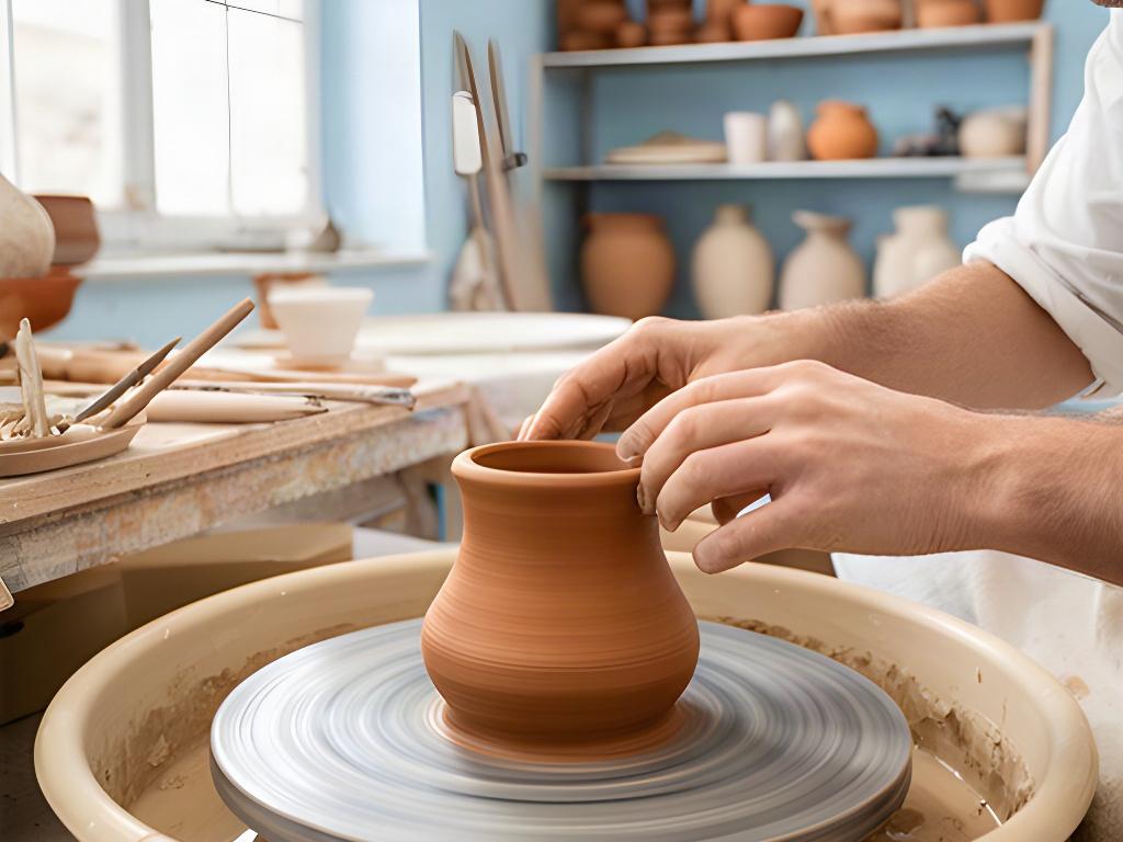 Tornio in un laboratorio ceramico campano con mani che modellano argilla e luce naturale