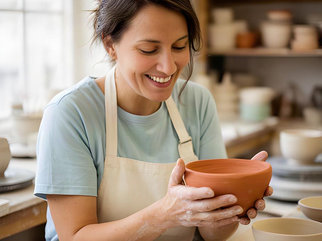 Allieva sorridente durante un corso di ceramica mentre osserva una ciotola appena modellata