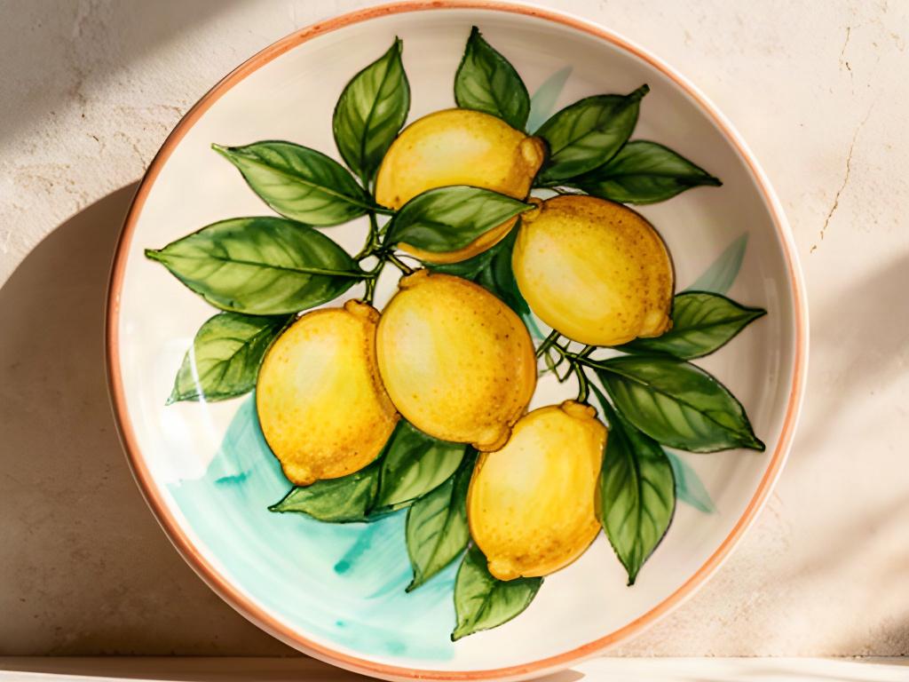 Piatto decorativo dipinto a mano con limoni gialli e foglie verdi su fondo ceramico