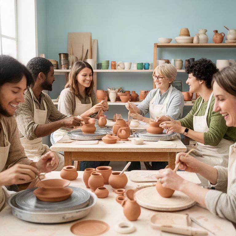 Piccolo gruppo di adulti che lavora insieme a tavoli di ceramica durante una sessione creativa
