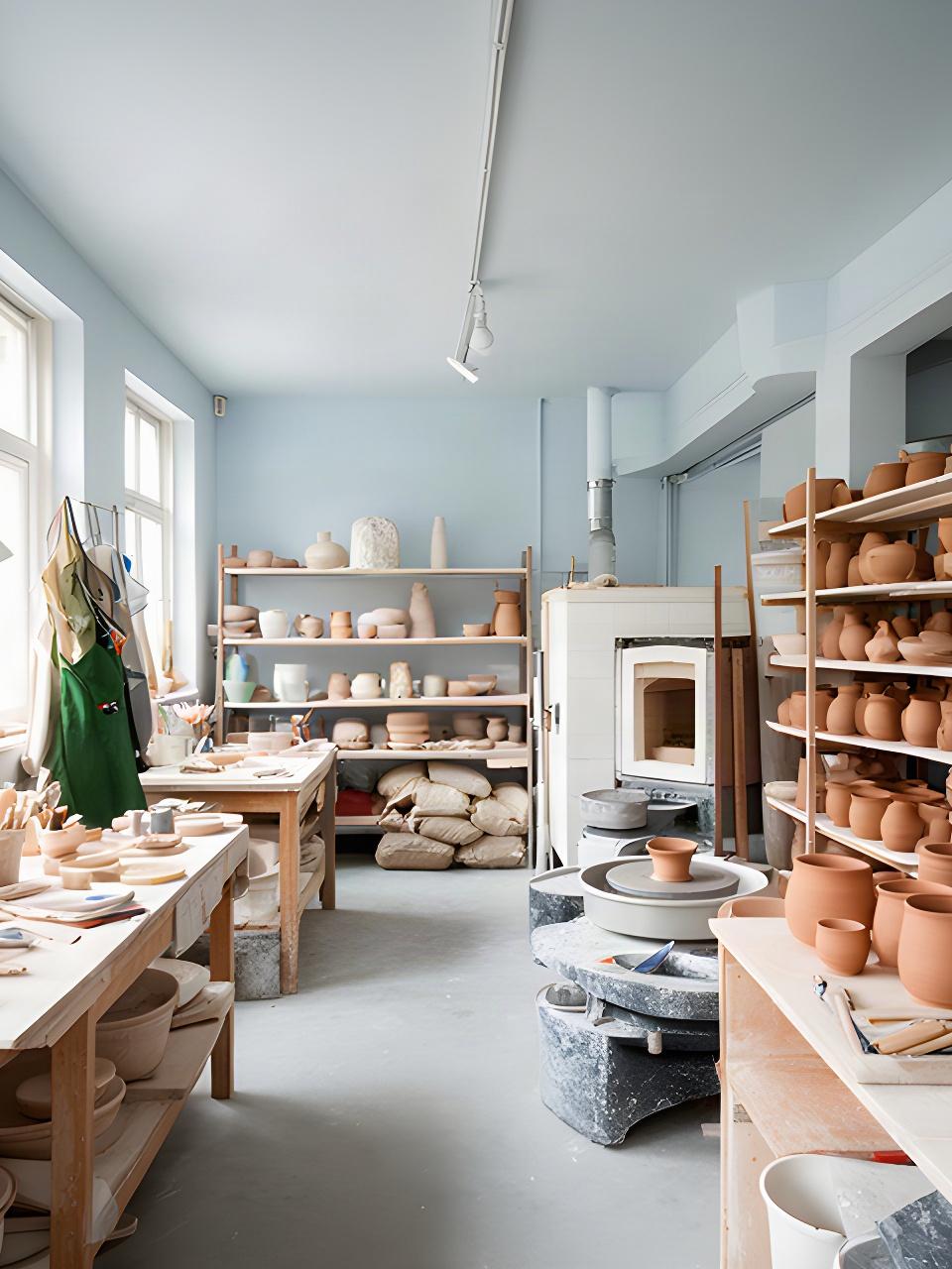 Interno luminoso dello studio di ceramica con torni, scaffali e pezzi in asciugatura