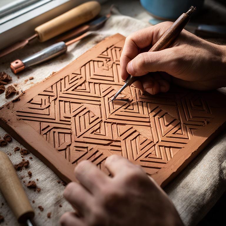 Dettaglio di mani che incidono un motivo geometrico su una lastra di argilla
