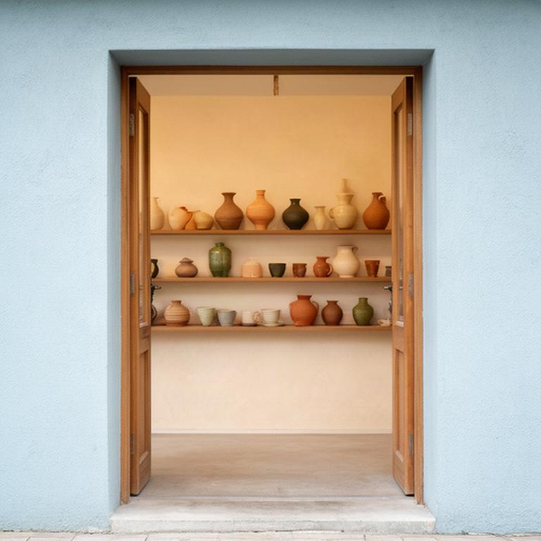 Ingresso dello studio ceramico in Via Petrelle con ceramiche esposte su mensole