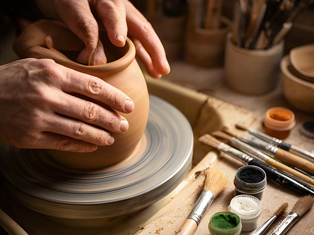 Dettaglio di mani che rifiniscono un vaso al tornio accanto a pennelli e ossidi naturali