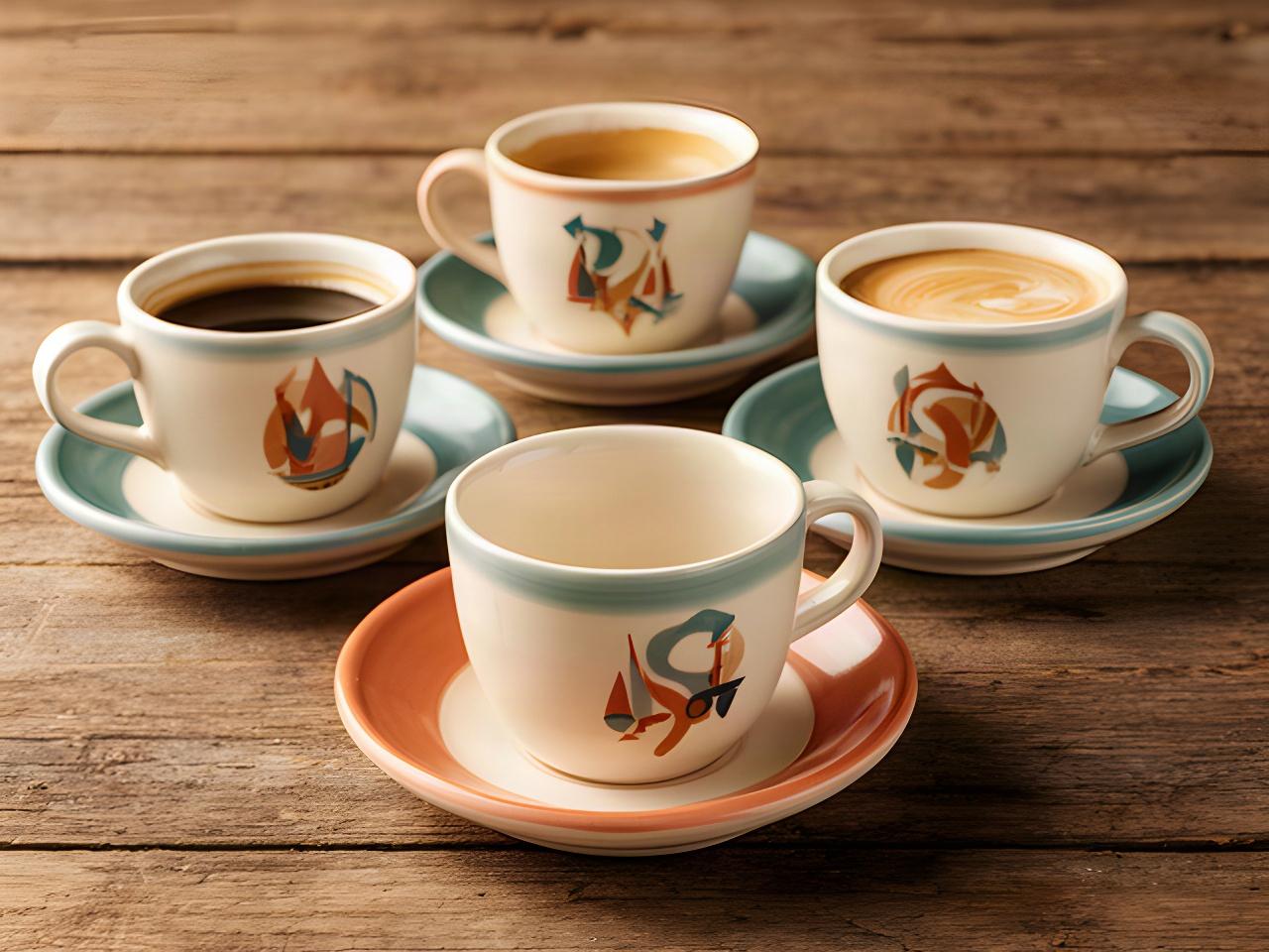 Set di tazze artigianali per caffè e cappuccino con iniziali dipinte su un tavolo di legno
